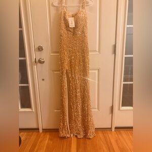 Gold Sequined Thigh High Slit Dress With Tie Back Women’s Size 0 NWT